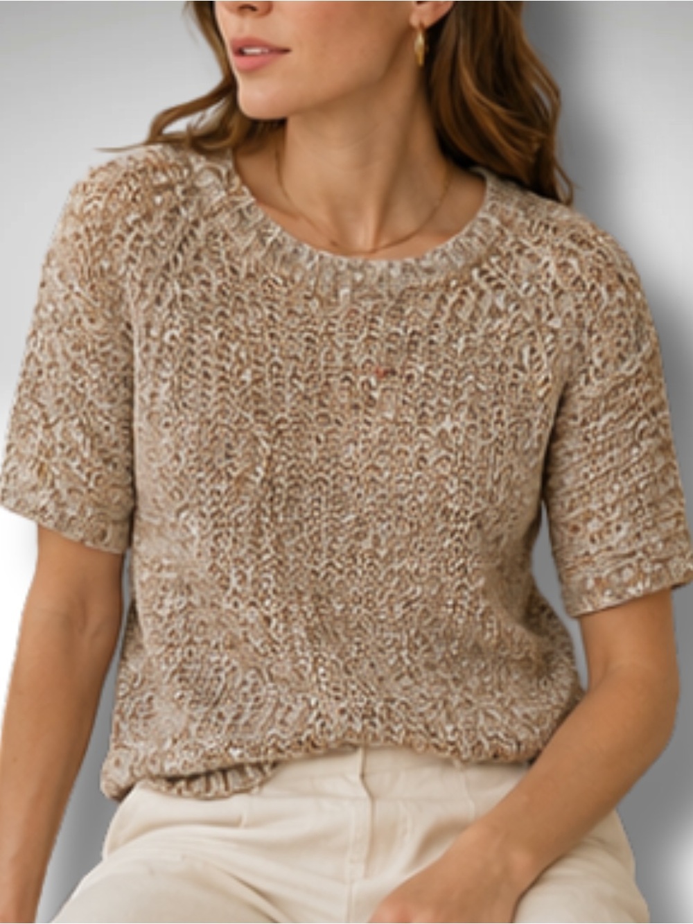 VTG Yarn Works Marled Short Sleeve Linen Blend Beige Speckled Knit Sweater